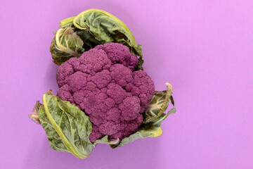 Bright purple cauliflower with green leaves on a rich purple background. Juicy creative background...