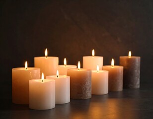 Several candles in various shades of beige and cream, lit, on a dark surface