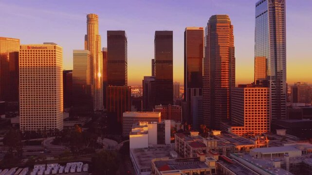 4K drone Video of downtown Los Angeles during sunset as a stablishing shot 4K