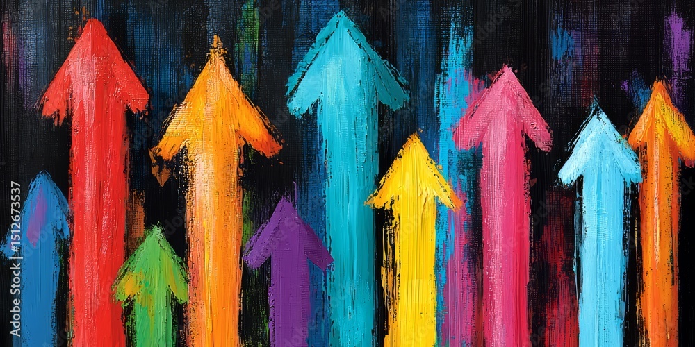 Poster painting of many arrows pointing in different directions. the painting is colorful and has a sense o