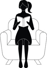 Woman Reading Book Sitting on Armchair Silhouette Illustration Graphic