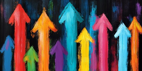 Painting of many arrows pointing in different directions. The painting is colorful and has a sense of movement and energy. The arrows seem to be pointing towards a brighter future