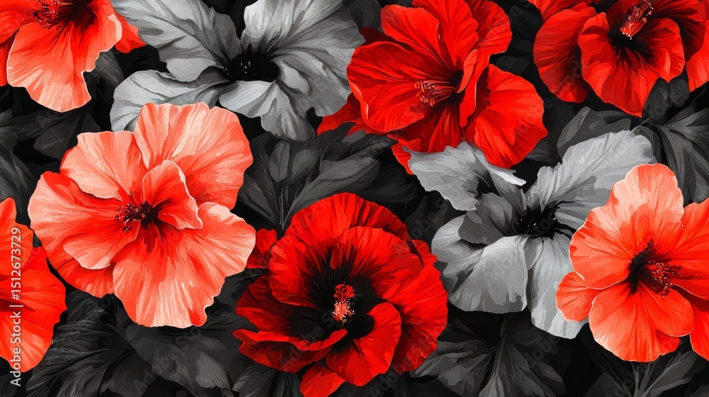 Poster painting of red and gray flowers with a black background. the flowers are arranged in a way that cre