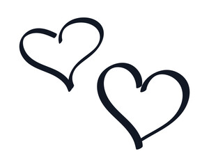 Doodle two Hearts. Hand drawn marker symbol of Love, Sympathy. Outline icon of Romance. Isolated black ink shapes. Simple comic style. Childish image. Black and white sketch icon. Vector illustration