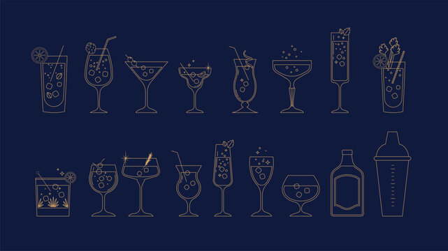 Elegant linear cocktail Icon set for bar and cocktail party designs - Powered by Adobe