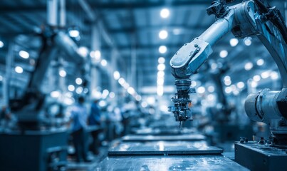 The smart technology manufacturing process incorporates a robotic arm for catching on electronic assembly lines