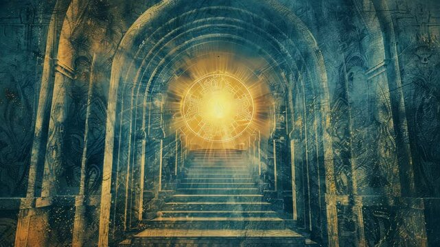 Ancient glowing keystone on a vaulted arch, many stairs leading up to it, on parchement paper, Blue and gold watercolor theme, Generative AI Videos.