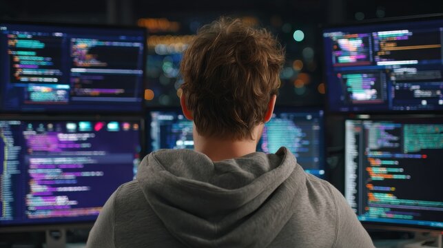 A personal computer with screens showing a software program and coding language interface is being worked on by an IT specialist, with a data center's technical room visible in the background where