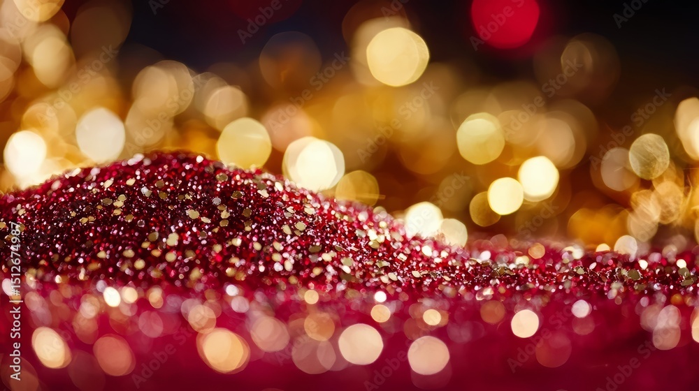 Poster pile of red glitter on a table. the glitter is scattered and the table is surrounded by a blurry bac