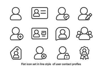 User profile icon set in line style featuring contact and communication symbols