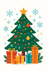 Obraz premium Decorated Christmas tree with gifts and snowflakes illustration