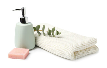 Clean waffle towel, soap and eucalyptus isolated on white