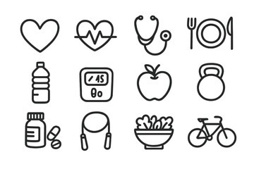 Healthy lifestyle icons: heart, fitness, nutrition, wellness, exercise