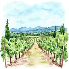 Obraz premium Watercolor artwork portraying a scenic vineyard with lush grapes and rolling hills