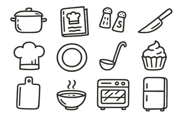 Collection of kitchen utensils and cooking icons on green background