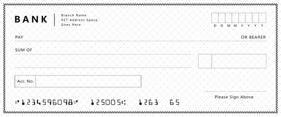 Bank check, vector blank money cheque, checkbook template with guilloche pattern and fields. Currency payment coupon, money check background