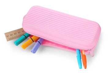 Different stationery in pencil case isolated on white