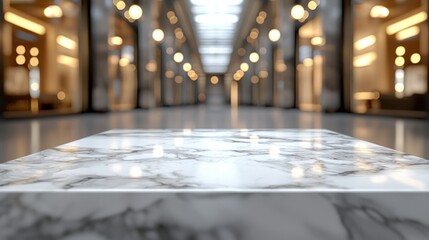 Obraz premium Marble surface overlooks blurred, lit hallway.