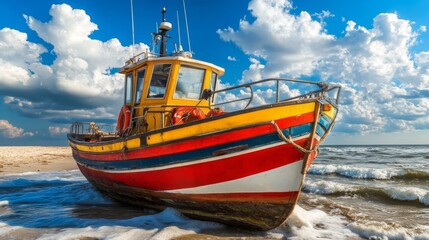 Fototapeta premium The hull of a small fishing boat, painted in blue and white, protrudes from the sandy beach as waves caress it, set against a brilliant blue sky