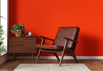 Soft natural light fills a minimalist room where a beige armchair with wooden arms sits atop a round rug, light wood accents adorn the space, and a small cabinet is present