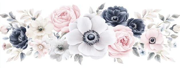 The watercolor painting features a delicate floral arrangement consisting of blush pink and navy blue flowers, accompanied by gray blue leaves, and the flowers are