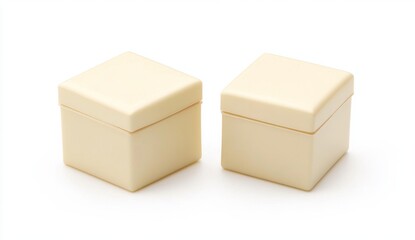 Fototapeta premium Two foam blocks, colored light beige, are stacked on a white background in a straightforward studio photograph that highlights their texture