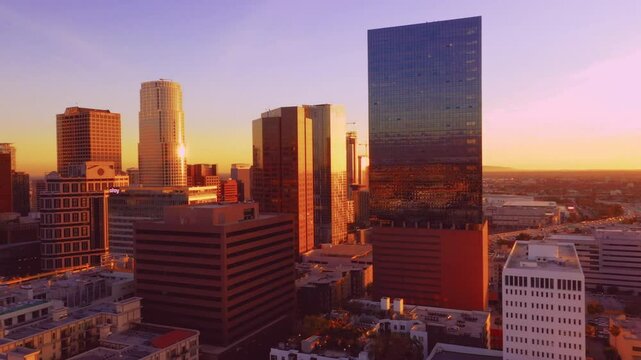 4K drone Video of downtown Los Angeles during sunset as a stablishing shot 4K