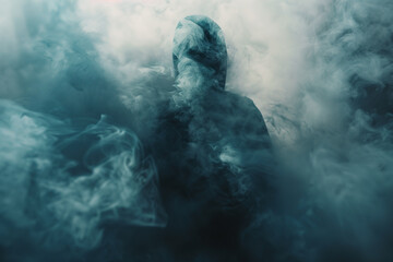 Ethereal figure shrouded in mystique and mystery, a silhouette in the swirling depths. An enigma emerges from obscurity, veiled in fog.