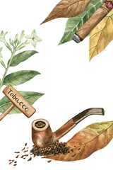 Greeting card with watercolor illustration of tobacco leaves, smoking pipe, flowering tobacco, cigar, and a wooden sign. Cute composition in vintage style; perfect for Father's day