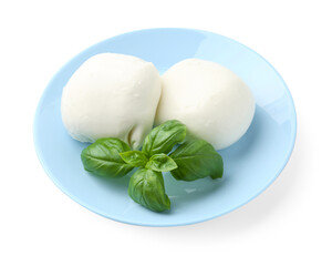Tasty mozzarella cheese and basil isolated on white