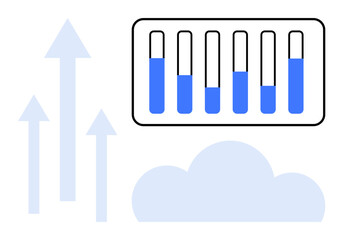 Data progress bars in blue, surrounded by upward arrows and a cloud shape. Ideal for data management, growth, cloud computing, metrics, analytics, tracking performance, simple landing page