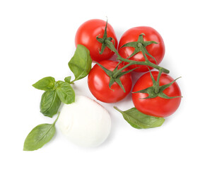 Tasty mozzarella cheese ball, tomatoes and basil on white background, top view