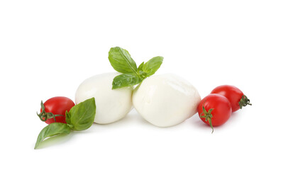 Tasty mozzarella cheese balls, tomatoes and basil on white background