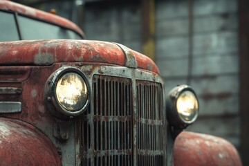 Fototapeta premium Rustic Vintage Truck Closeup: A weathered, rusty red vintage truck's front grill and headlights glow softly, hinting at stories of bygone eras. The image exudes a sense of nostalgia and rugged charm.