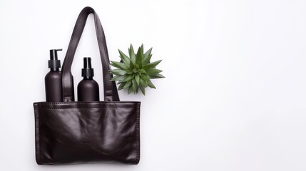 Black bottles, a pouch, and an aloe vera plant are arranged in a flatlay composition on a white background