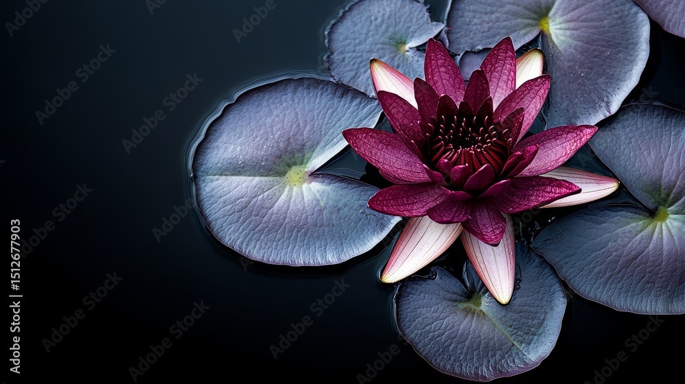 Poster purple flower is floating on a pond. the flower is surrounded by water lilies. the image has a calmi