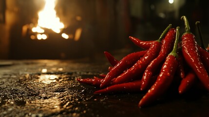 A close-up view of two red chili peppers with water droplets is presented on a dark gray stone surface