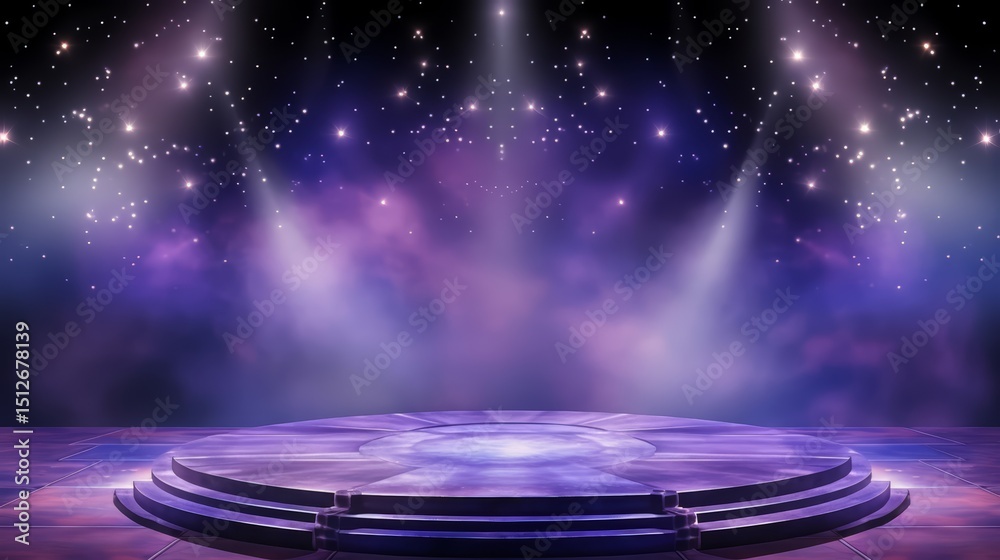 Poster purple stage with lights and a spotlight. the stage is set for a performance. scene is energetic and