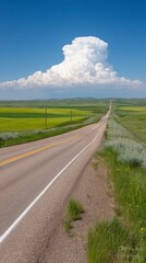 Fototapeta premium Expansive Rural Road Under A Vast Blue Sky With Dramatic White Clouds In A Vibrant Green Landscape