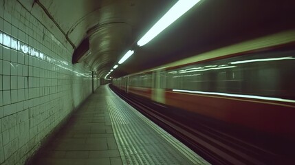 Night traffic rushes through a tunnel devoid of natural light, its speed emphasized by motion blur and illuminated by artificial sources