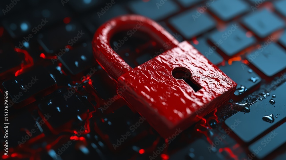 Poster Red lock is on a keyboard. The lock is surrounded by water and fire. Concept of danger and urgency
