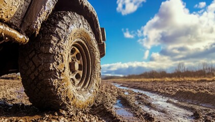 Off-Road Adventure: A rugged vehicle navigates a muddy, off-road trail under a vivid sky. The close-up showcases the tires gripping the challenging terrain.