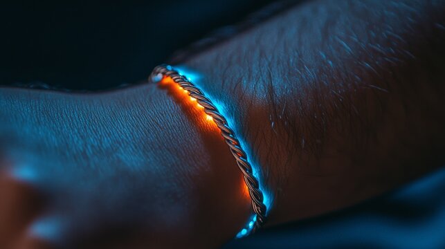 The image is a close-up of a wrist, on which is worn a black fabric band embedded with LED lights that showcase various colors