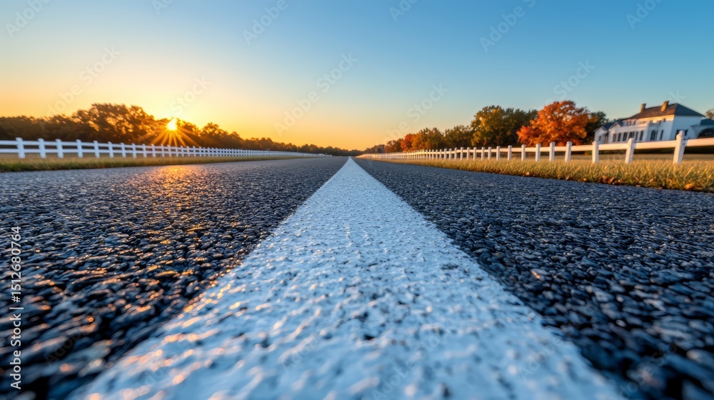Poster road with a white line and a house in the background. the sun is setting, creating a warm and peacef