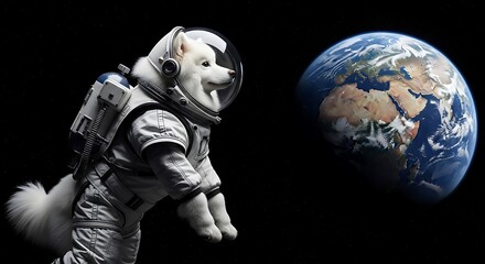 Fototapeta premium 2. A dog in an astronaut suit poses in front of Earth, symbolizing adventure and the spirit of exploration in space. 