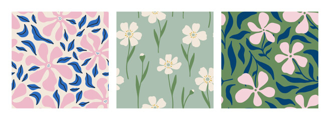 Hand drawn collection of trendy botanical seamless patterns. Whimsical floral background for summer design, textile, wallpaper. Cute charming patterns. Flat summer endless patterns