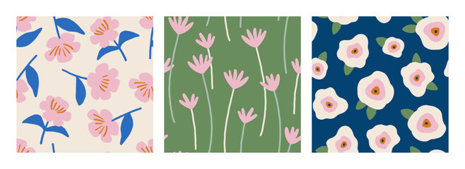 Hand drawn collection of trendy botanical seamless patterns. Whimsical floral background for summer design, textile, wallpaper. Cute charming patterns. Flat summer endless patterns