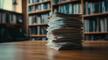 From a high angle, a close-up view shows a stack of white papers positioned on a wooden surface
