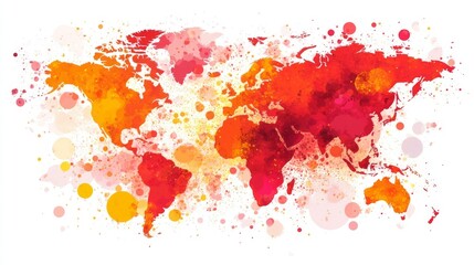 Rendered in a pointillist manner, the abstract world map features a color palette of red, orange, and brown