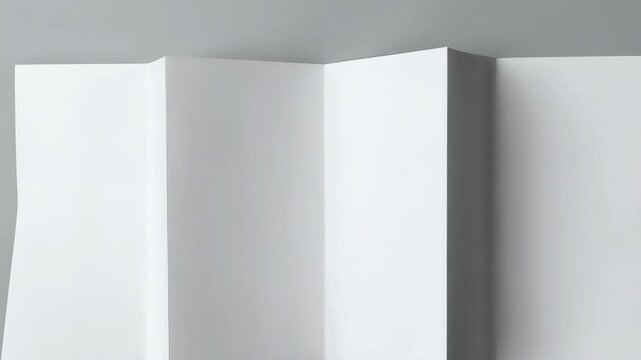 Blank white paper accordion folded four panels on gray backdrop for flyers, leaflets or presentations.